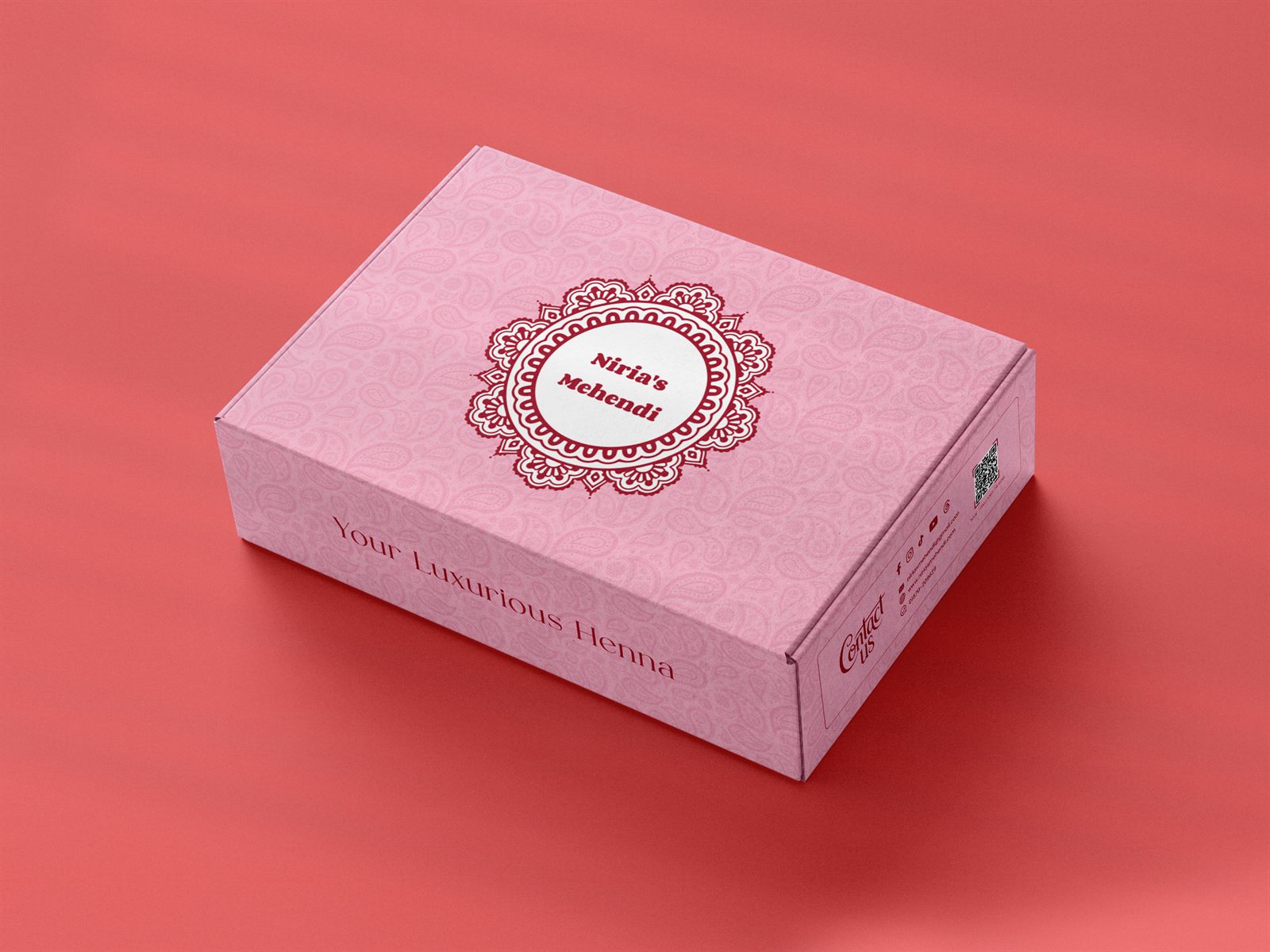 Niria's Mehendi gift box in pink paisley with the red mandala logo